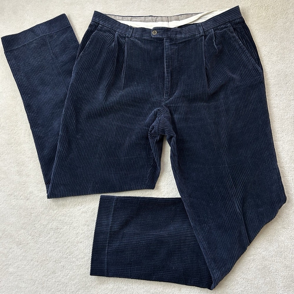 Zanella Corduroy Pleated Dress Pants Mens 38x33 Italy Heavy Navy Blue